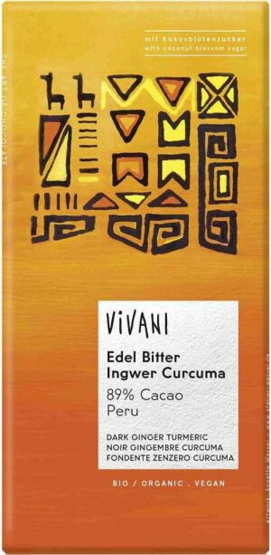 Vivani Bio tmavá čokoláda 89 % Peru zázvor kurkuma 80g